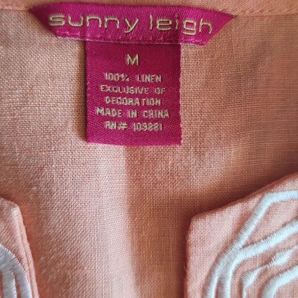 Sunny Leigh Linen Boho Embroidered Tunic Top Peach Sz M Kurta Style Resortwear - Picture 8 of 16
